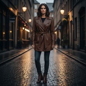 J Walden Genuine Leather Jacket Womens Size 42 Brown Belted Moto Style Coat Boho